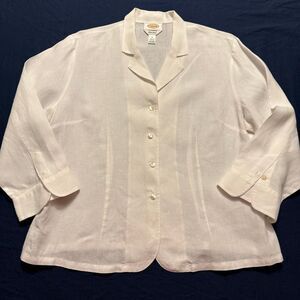 Talbots 100% Linen Button Front Blouse | White Classic Scalloped Hem | Size 14